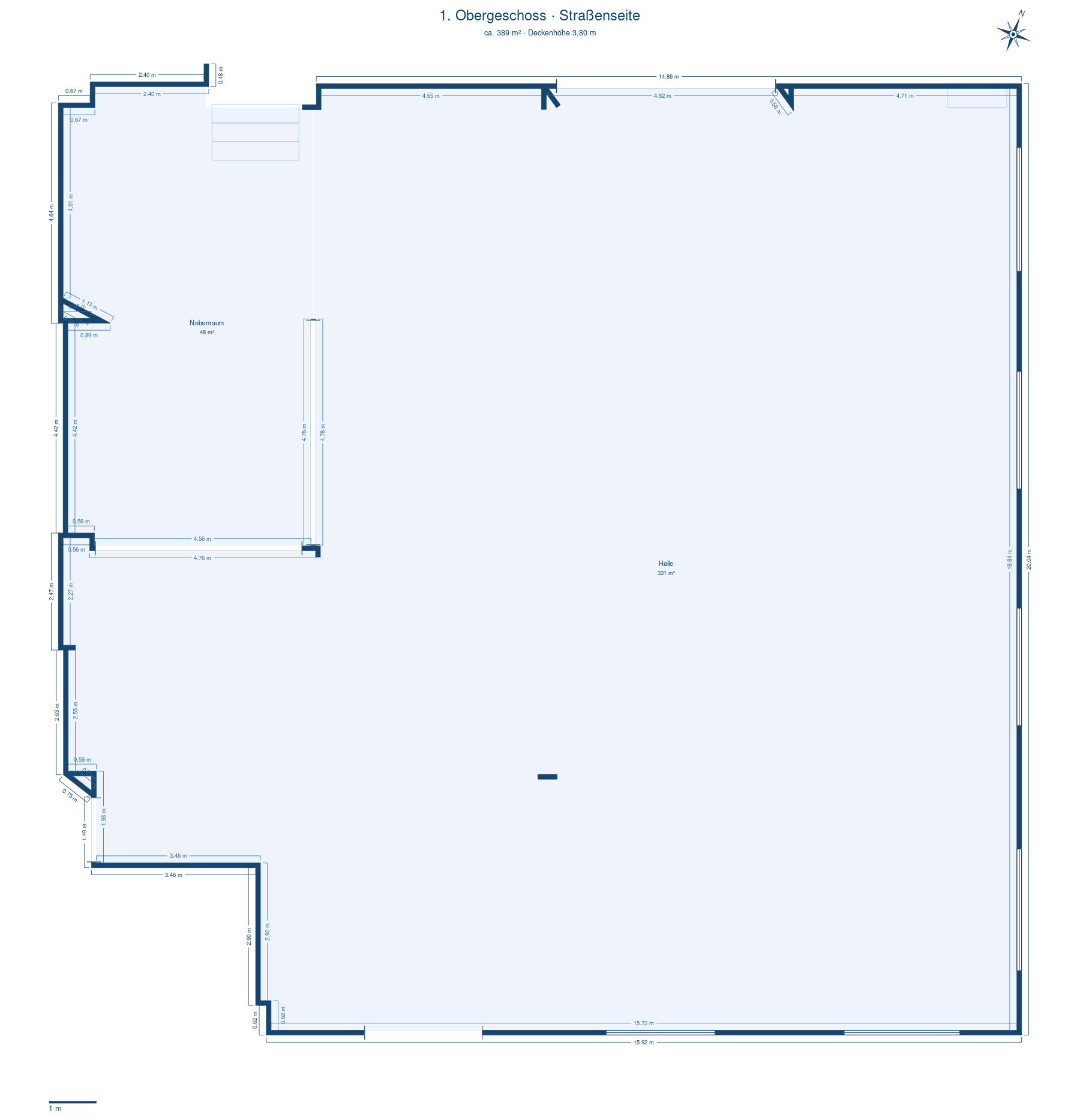 Grundriss 1. Obergeschoss, Straßenseite — Halle 331 m², Nebenraum 48 m²